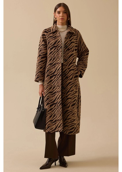 Kadın Leopar Desenli Kuşaklı Uzun Kaban 0004 Kahverengi