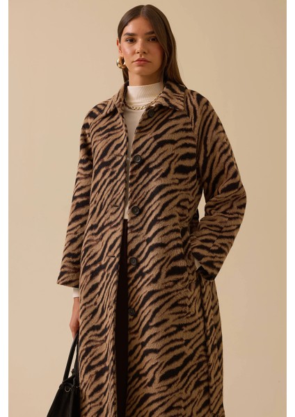 Kadın Leopar Desenli Kuşaklı Uzun Kaban 0004 Kahverengi fiyatları