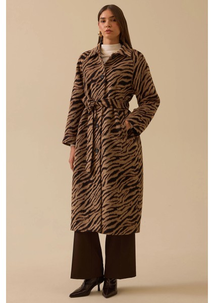 Kadın Leopar Desenli Kuşaklı Uzun Kaban 0004 Kahverengi modelleri