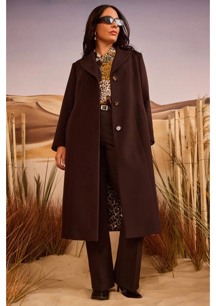 Kadın Büyük Beden Astar Desenli Cepli Kaşe Kaban 4003 Kahverengi