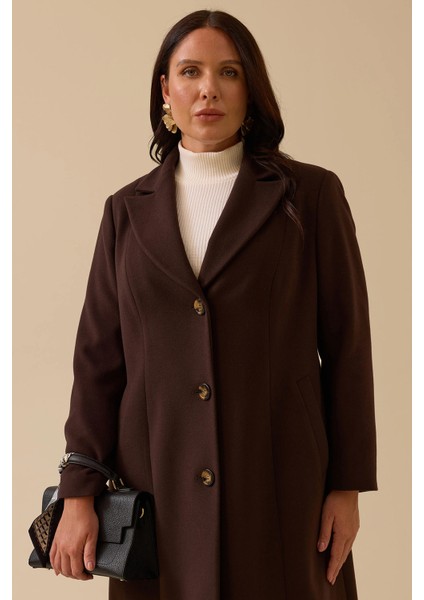 Kadın Büyük Beden Astar Desenli Cepli Kaşe Kaban 4003 Kahverengi modelleri