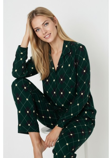 Luxury Soft Yeşil Ekose Desenli Uzun Kollu Kadın Pijama Takımı – 3045