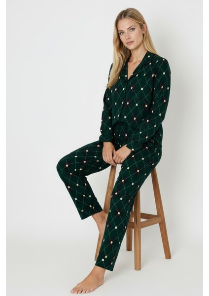 Luxury Soft Yeşil Ekose Desenli Uzun Kollu Kadın Pijama Takımı – 3045 modelleri