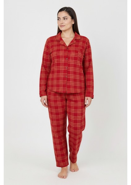 Luxury Soft Kırmızı Ekose Desenli Uzun Kollu Kadın Pijama Takımı – Büyük Beden 3018