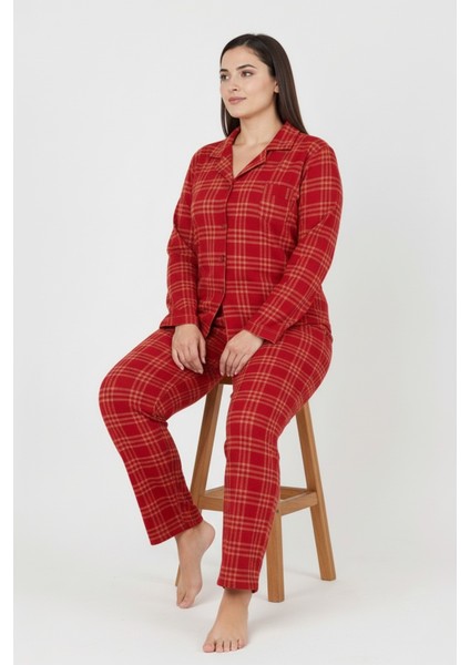 Luxury Soft Kırmızı Ekose Desenli Uzun Kollu Kadın Pijama Takımı – Büyük Beden 3018 fiyatları