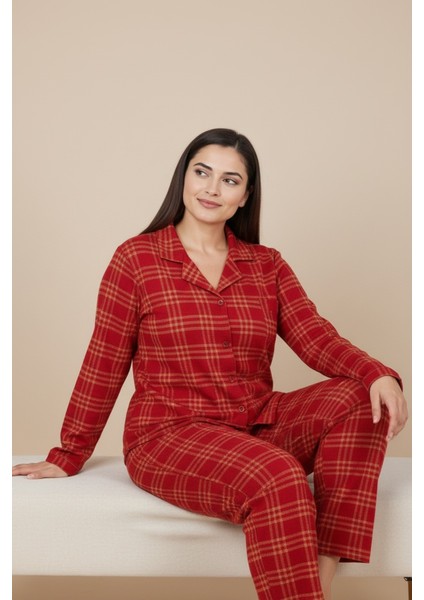 Luxury Soft Kırmızı Ekose Desenli Uzun Kollu Kadın Pijama Takımı – Büyük Beden 3018 fırsatları