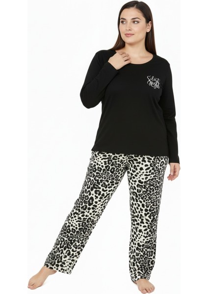 Üstü Yazılı Altı Leopar Desenli Elite Viscose Uzun Büyük Beden Pijama Takımı Siyah 3588