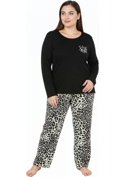 Üstü Yazılı Altı Leopar Desenli Elite Viscose Uzun Büyük Beden Pijama Takımı Siyah 3588 fiyatları