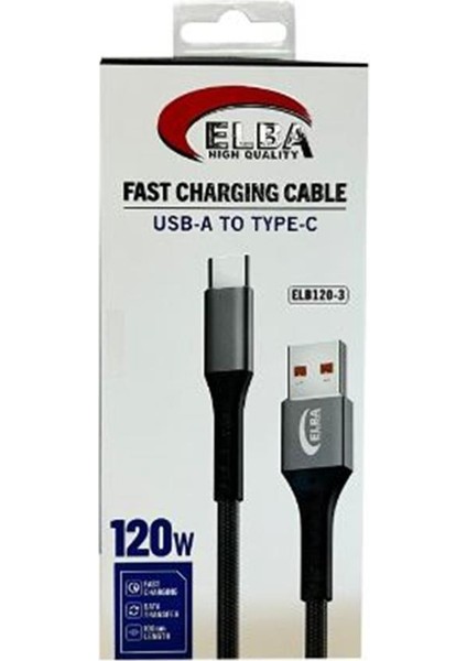ELB120-3 120W Usbc Type-C To USB 1mt Siyah Örgülü Şarj Kablosu ( Data Veri )
