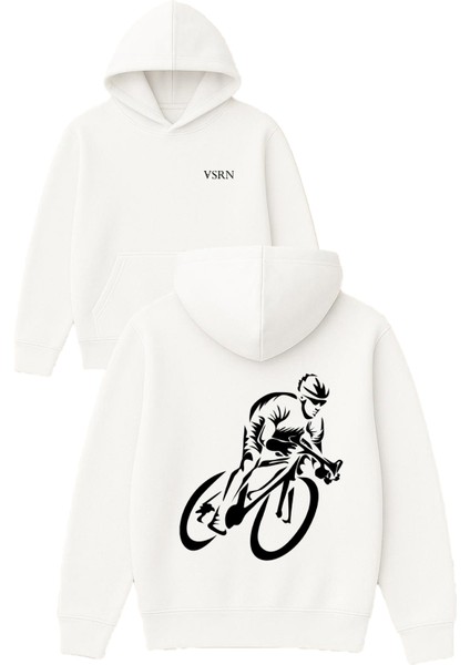 Bisikletçi Tasarım Baskılı Oversize Beyaz Kapüşonlu Sweatshirt