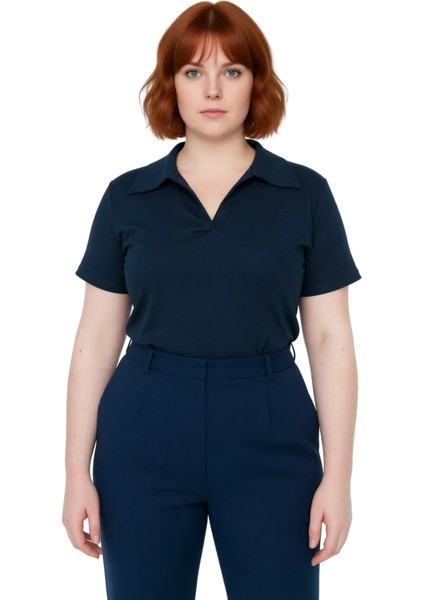 Moda Büyük Beden Polo Yaka Örme Regular Düz Desen Casual Günlük Crop Kısa Kol Bluz fiyatları