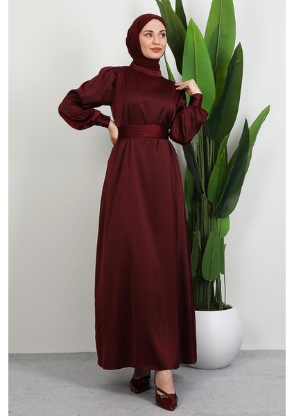 Kemerli Saten Elbise Koyu Bordo