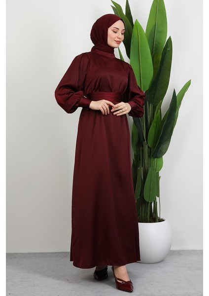 Kemerli Saten Elbise Koyu Bordo fiyatları