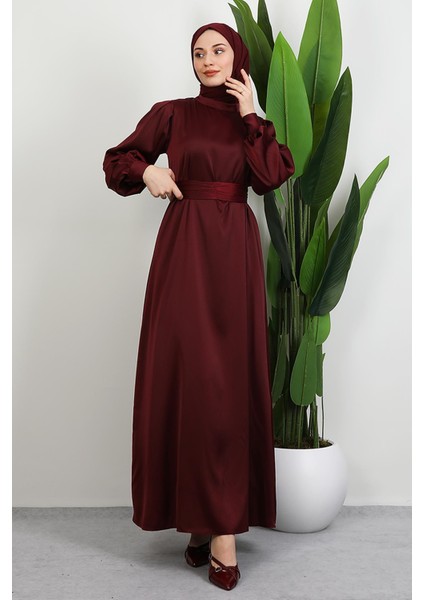 Kemerli Saten Elbise Koyu Bordo modelleri