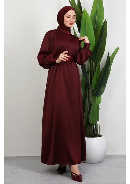 Kemerli Saten Elbise Koyu Bordo fırsatları