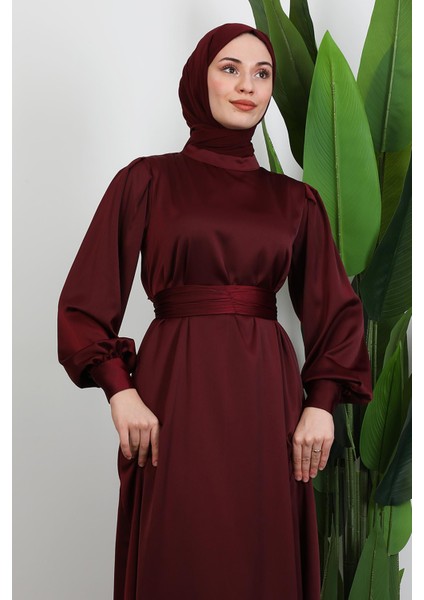 Kemerli Saten Elbise Koyu Bordo indirimleri