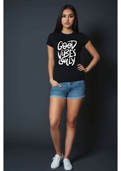 Good Vibes Only Baskılı Siyah Kadın Tişört
