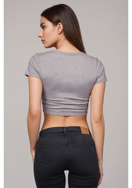 Sevimli Kedi Baskılı Gri Melanj Crop Top fiyatları