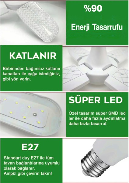 Dört Pervaneli Tasarruflu Ampul 60 W LED Lamba Beyaz E27 Duy 5400 Lümen Uzun Ömürlü 220 Volt 1 Adet modelleri