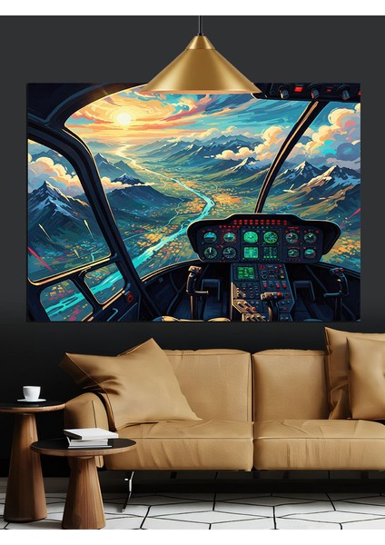 Helikopter Kullanan Adam ve Göl Dekoratif Kanvas - Mdf Ahşap Tablo