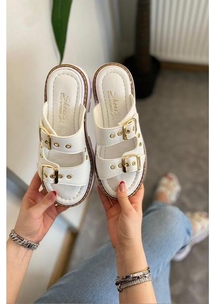 Kadın Çift Bant Kapsül Detaylı Kalın Taban Ortopedik Terlik Beyaz