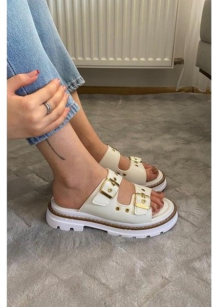 Kadın Çift Bant Kapsül Detaylı Kalın Taban Ortopedik Terlik Beyaz fiyatları