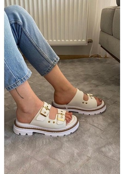 Kadın Çift Bant Kapsül Detaylı Kalın Taban Ortopedik Terlik Beyaz modelleri