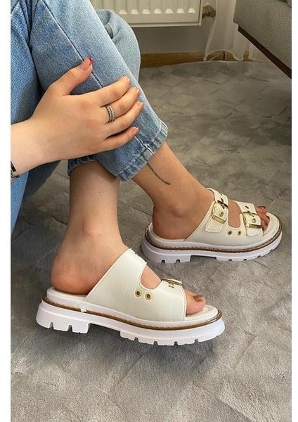 Kadın Çift Bant Kapsül Detaylı Kalın Taban Ortopedik Terlik Beyaz fırsatları