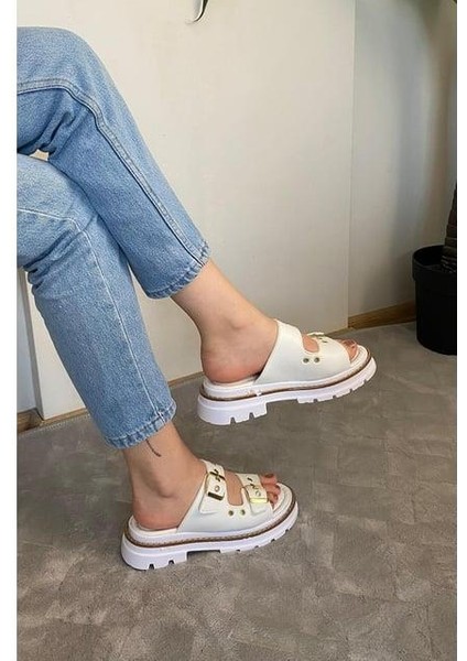 Kadın Çift Bant Kapsül Detaylı Kalın Taban Ortopedik Terlik Beyaz indirimleri