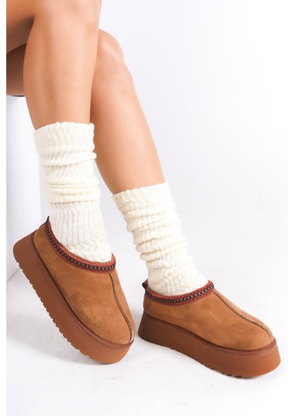 Kadın Rose Içi Tüylü Düz Taban Ayakkabı - Yarım Bot Taba