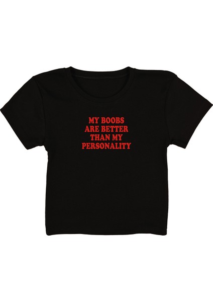 Boob Baskılı Siyah Crop Top