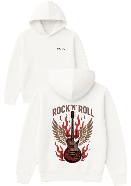 Alevli Rock N Roll Tasarım Baskılı Oversize Beyaz Kapüşonlu Sweatshirt
