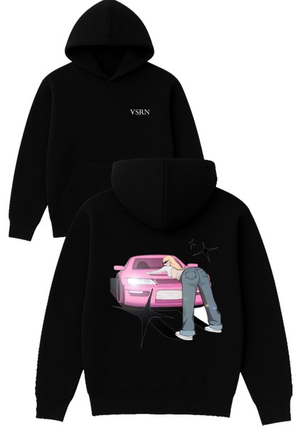 Pembe Araba Tasarım Baskılı Oversize Siyah Kapüşonlu Sweatshirt