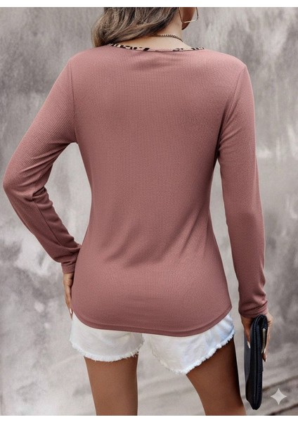 Kadın Likralı Kaşkorse Dik Yaka Bluz | Fitilli Uzun Kol Esnek Leopar Desenli Spor Şık Bluz modelleri