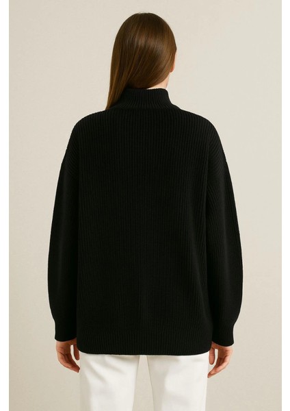 Kadın Dik Yaka Yarım Fermuarlı Triko Kazak |Fitilli Kalın Örgü Basic Kışlık Siyah Balıkçı Yaka modelleri