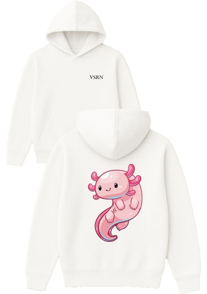 Pembe Semenderi Tasarım Baskılı Oversize Beyaz Kapüşonlu Sweatshirt