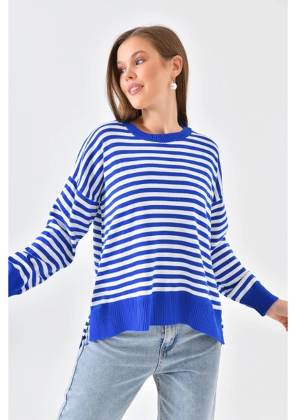 Kadın Kazak Çizgili Yuvarlak Yaka Ince Kazak Saks - 10147