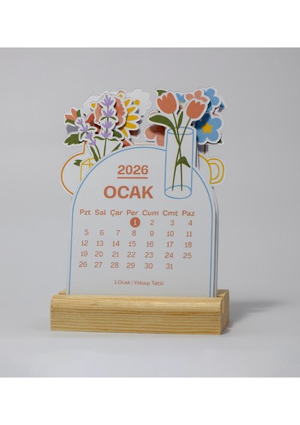 2026 Yılı Ahşap Standlı Masaüstü Takvimi, Minimal Çiçek Temalı Takvim, 8X12 cm