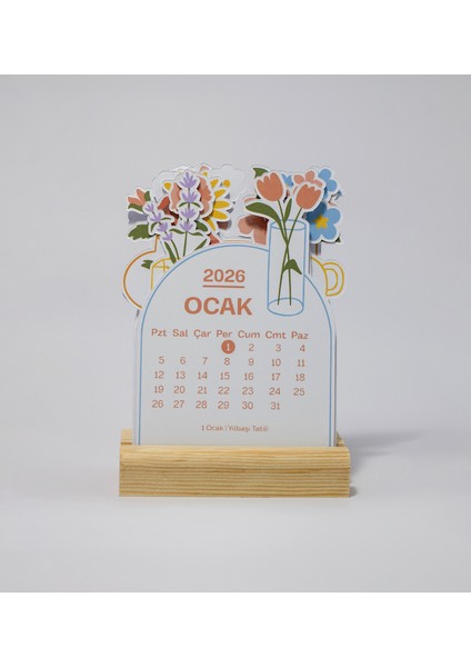 2026 Yılı Ahşap Standlı Masaüstü Takvimi, Minimal Çiçek Temalı Takvim, 8X12 cm fiyatları