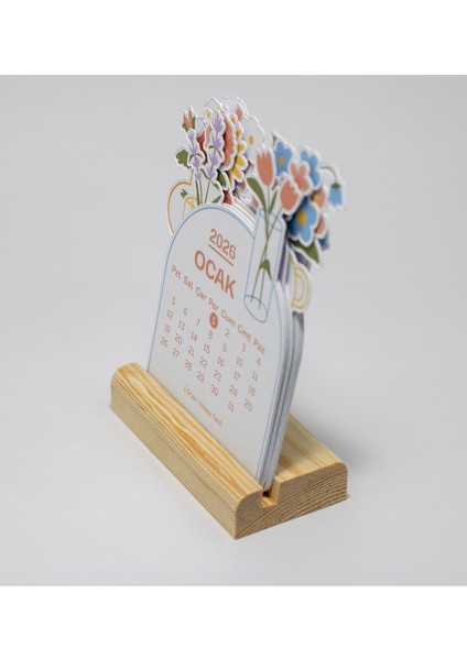 2026 Yılı Ahşap Standlı Masaüstü Takvimi, Minimal Çiçek Temalı Takvim, 8X12 cm modelleri