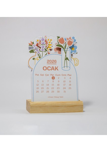2026 Yılı Ahşap Standlı Masaüstü Takvimi, Minimal Çiçek Temalı Takvim, 8X12 cm indirimleri