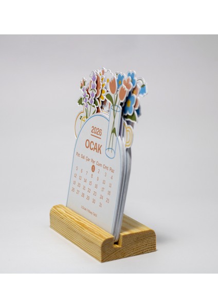 2026 Yılı Ahşap Standlı Masaüstü Takvimi, Minimal Çiçek Temalı Takvim, 8X12 cm