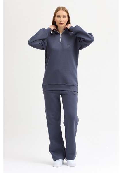 Kadın Eşofman Takımı Yarım Fermuarlı Alleyes Baskı Içi Pamuklu Füme Eşofman Takımı Alt Üst Takım fiyatları