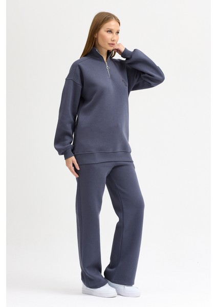 Kadın Eşofman Takımı Yarım Fermuarlı Alleyes Baskı Içi Pamuklu Füme Eşofman Takımı Alt Üst Takım modelleri