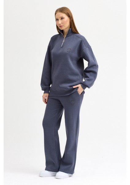 Kadın Eşofman Takımı Yarım Fermuarlı Alleyes Baskı Içi Pamuklu Füme Eşofman Takımı Alt Üst Takım fırsatları