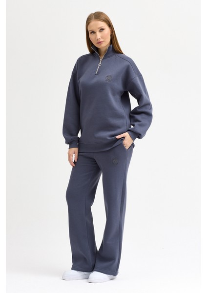 Kadın Eşofman Takımı Yarım Fermuarlı Alleyes Baskı Içi Pamuklu Füme Eşofman Takımı Alt Üst Takım indirimleri