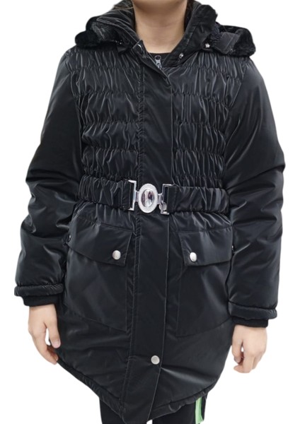 Kız Çocuk Önü Gipeli Kemerli Kapüşonlu Fermuar Çıtçıt Kapamalı Peluş Astarlı Siyah Midi Boy Mont