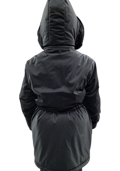 Kız Çocuk Önü Gipeli Kemerli Kapüşonlu Fermuar Çıtçıt Kapamalı Peluş Astarlı Siyah Midi Boy Mont fiyatları