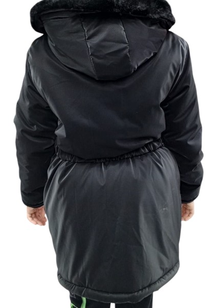 Kız Çocuk Önü Gipeli Kemerli Kapüşonlu Fermuar Çıtçıt Kapamalı Peluş Astarlı Siyah Midi Boy Mont modelleri