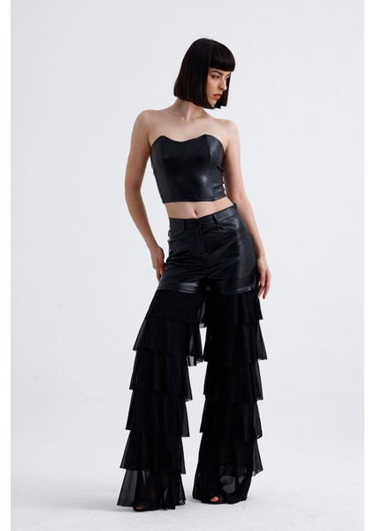 Tül Fırfır Detaylı Suni Deri Pantolon | PNT35953 fiyatları